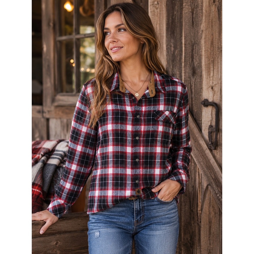 Legendary Whitetails Buck Camp Flannel Shirt Red Black Plaid Corduroy Collar MD